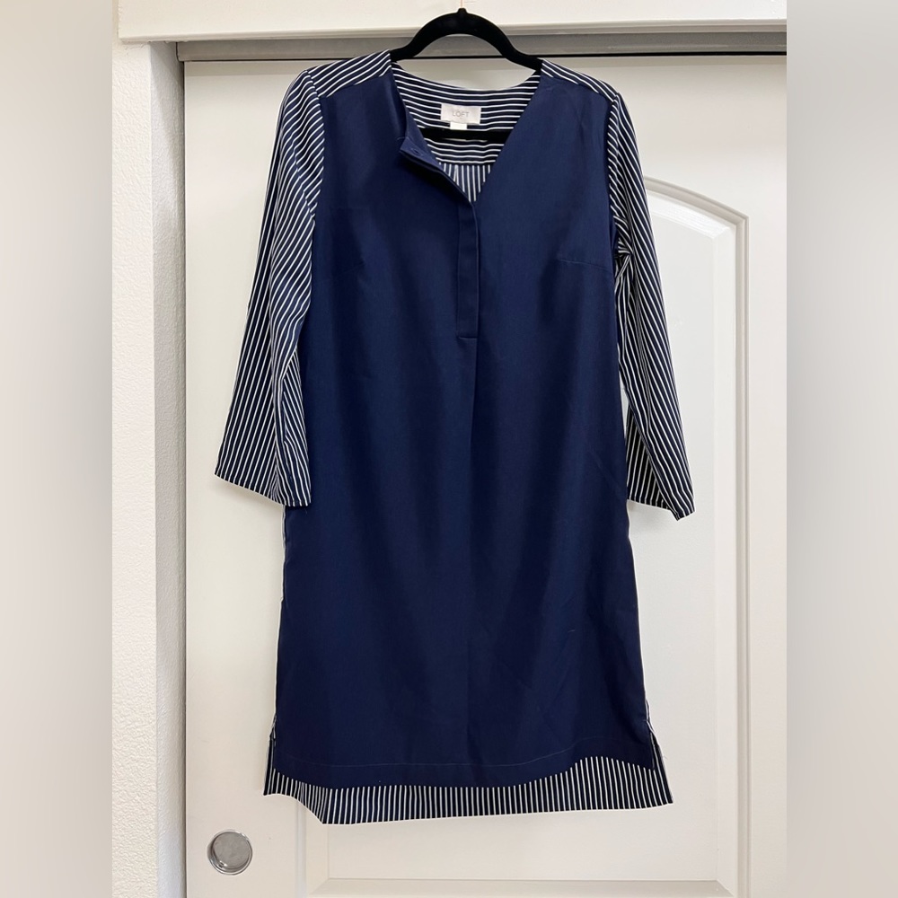 Loft Navy Shirt Dress with Striped Back and Sleeves